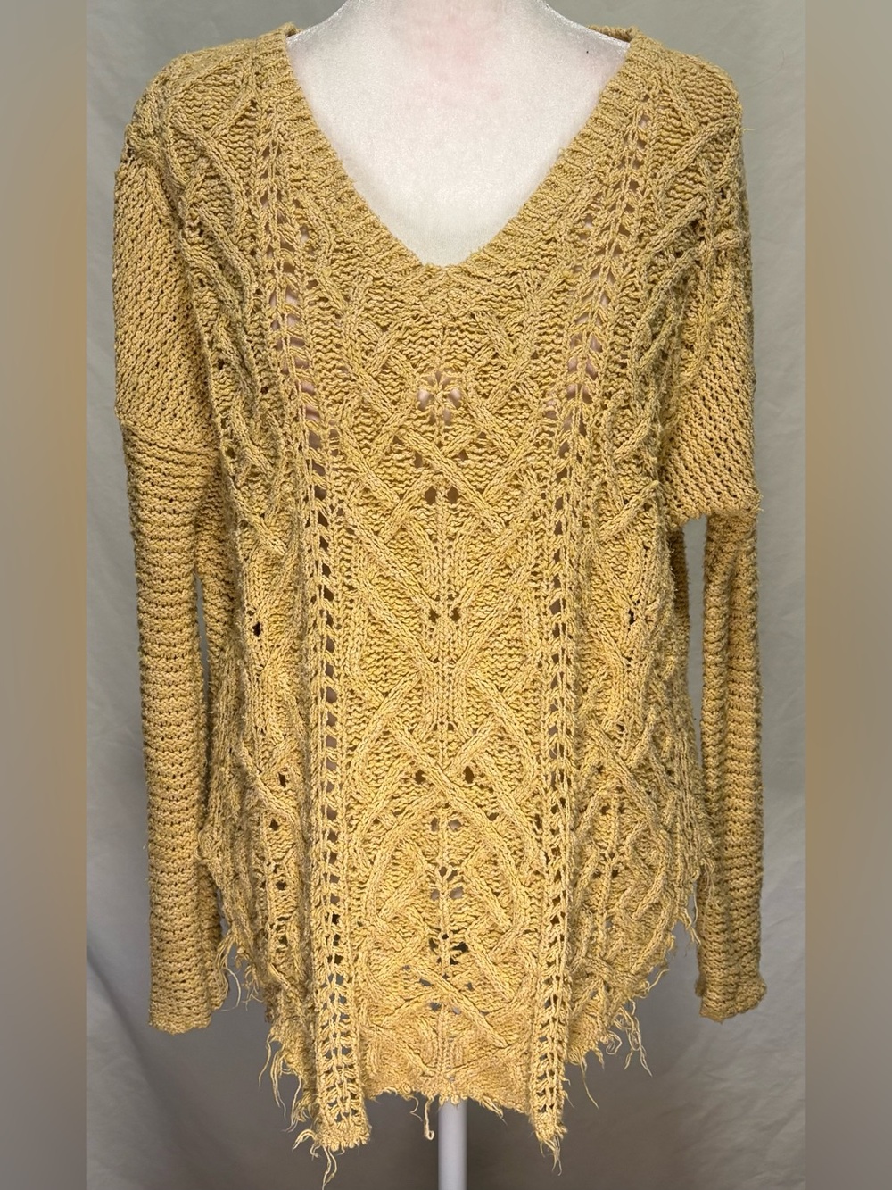 Free People Distressed Cable Knit Openwork V Neck Sweater XS